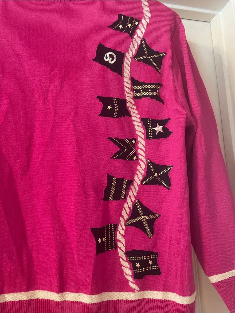St. John Hot Pink Embellished V-Neck Cardigan with Gold Buttons - Picture 6 of 8